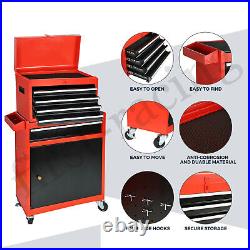 2 In 1 Iron Rolling Tool Chest Cabinet Storage Toolbox with5 Drawers& Rubber Wheel