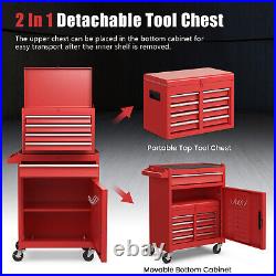 2 in 1 Tool Chest & Cabinet with 5 Sliding Drawers Rolling Garage Organizer Red