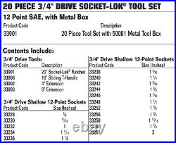 20-Piece 3/4 Drive Socket-Lok Tool Set in Metal Box, SAE, 12-Point, Williams 33901