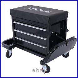 3 Drawer Tool Box Seat Chest Rolling Mechanic Seat With Tool Trays Garage Glider