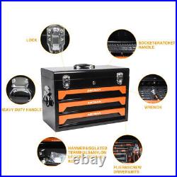 3-Drawer Tool Box with Tool Set Lockable Tool Cabinet with Handle Black & Orange