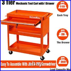 3 Tier Rolling Tool Cart, Utility Drawer Tool Cart with Wheels, 350 lbs Capacity