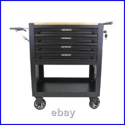 4 Drawers Rolling Chest Tool Cart Garage Storage Cabinet Tool Box Wooden Top