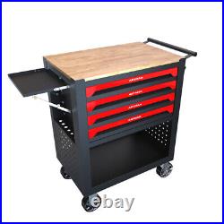 4 Drawers Rolling Tool Box Cart Tool Storage Cabinet Steel Tool Chest Wooden Top