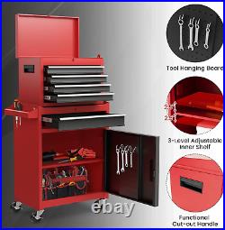 5-Drawer Tool Box Organizer Lockable Wheels Sliding Drawers Adjustable Shelf Red