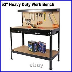 63 Workshop Table Work Bench Garage Steel Tool Storage Drawers Shelves PegBoard