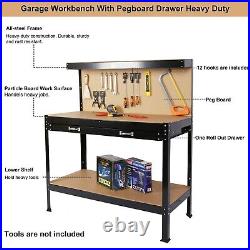 63 Workshop Table Work Bench Garage Steel Tool Storage Drawers Shelves PegBoard