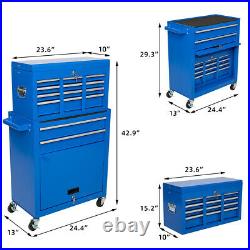 8 Drawers Rolling Tool Chest 2 in 1 Portable Cabinet Lockable Steel Storage Box