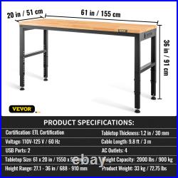Adjustable Height Workbench Work Bench Table 48/53/61/72 with Power Outlets
