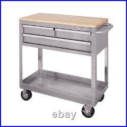 HUSKY Black Rolling Tool Cart 36 3-Drawer With Wood Top Push-Bar Side Handle