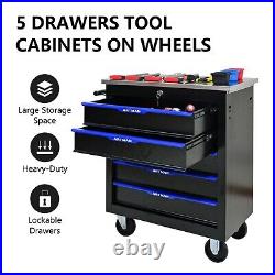 Lockable 5 Drawers Rolling Tool Box Cart Tool Chest Storage Cabinet Wheels Metal