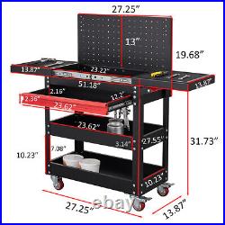 Metal Rolling Tool Cart 3 Tier Workshop Storage Tray Tool box with Drawer Black