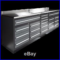 (NEW) 9FT 4 1/4 WORKBENCH WITH 20 DRAWERS and STAINLESS STEEL TOP