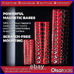 Olsa Tools 6pc 3-Row Magnetic Socket Organizer For Toolboxes Holds 264 Red