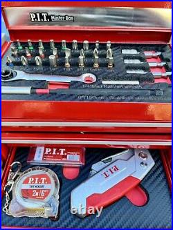 P. I. T. Portable 3 Drawer Steel Tool Box, 61-pieces, Magnetic Lock, Red Hand Carry