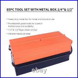 Portable Metal Tool Box with 3 Level Fold Out Organizer Storage With 85 Pcs Tool