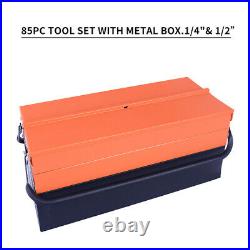 Portable Metal Tool Box with 3 Level Fold Out Organizer Storage With 85 Pcs Tool
