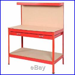 Red Work Bench Tool Storage Steel Tool Workshop Table With Drawer and Peg Board