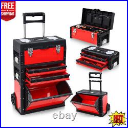Rolling 3 Tier Tool Box With Wheels & Drawers Stackable Portable Garage Workshop
