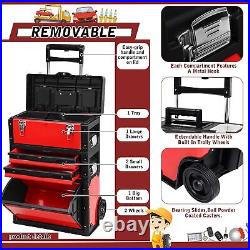 Rolling 3 Tier Tool Box With Wheels & Drawers Stackable Portable Garage Workshop