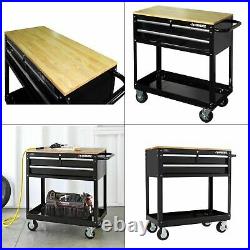 Rolling Tool Cart Mobile Mechanic Garage Utility Husky 3-Drawer Wood Top Black