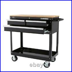 Rolling Tool Cart Mobile Mechanic Garage Utility Husky 3-Drawer Wood Top Black