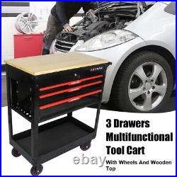 Rolling Tool Cart With 3-Drawer Utility Tool Box With Wheels Wood Top Organizer
