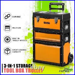 Rolling Wheel 3Tier Stackable Trolley Toolbox Storage withExtendable Handle Orange