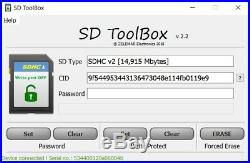 SD card toolbox. Read CID, set / remove password & write protection