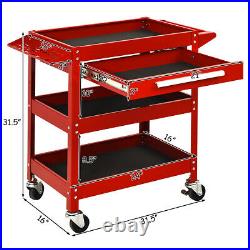 Three Tray Rolling Tool Cart Mechanic Cabinet Storage Organizer withDrawer Red