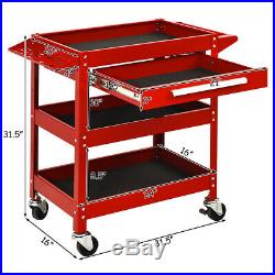 Three Tray Tool Cart Organizer Rolling utility Triple Decker withDrawer Red