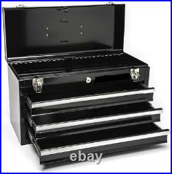 Tool Box Portable Powder Coated Steel Security Lock 3- Drawer Black & Silver