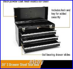 Tool Box Portable Powder Coated Steel Security Lock 3- Drawer Black & Silver