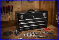 Tool Box Portable Powder Coated Steel Security Lock 3- Drawer Black & Silver