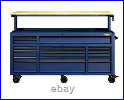 Tool Chest Work Bench Cabinet Adjustable Wood Top 72 in Rolling Garage BLUE