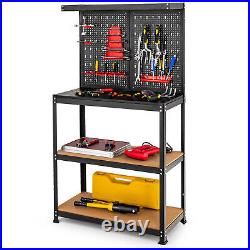 Tool Storage Workbench Heavy-duty Steel Tool Table with 2 Open Shelves & Pegboard