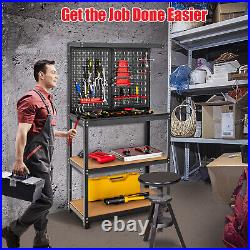 Tool Storage Workbench Heavy-duty Steel Tool Table with 2 Open Shelves & Pegboard