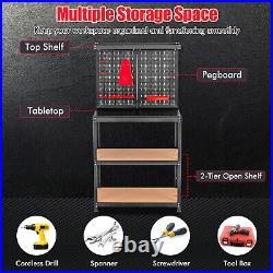 Tool Storage Workbench Heavy-duty Steel Tool Table with 2 Open Shelves & Pegboard