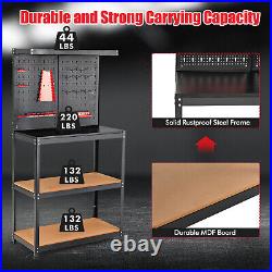 Tool Storage Workbench Heavy-duty Steel Tool Table with 2 Open Shelves & Pegboard