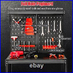 Tool Storage Workbench Heavy-duty Steel Tool Table with 2 Open Shelves & Pegboard