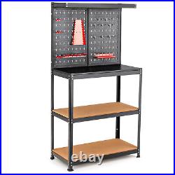 Tool Storage Workbench Heavy-duty Steel Tool Table with 2 Open Shelves & Pegboard