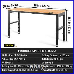 VEVOR 48x20 Height Workbench Oak Plank 28.3-38.1 Range with Power Outlets