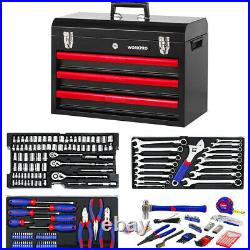 WORKPRO 408 Piece Mechanics Tool Set With 3 Drawer Heavy Duty Metal Tool Box New