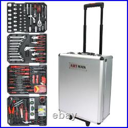 White Aluminum Trolley Case Tool Set Box with 4 Layers of Toolset and Wheels